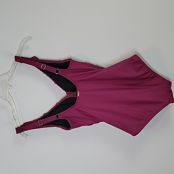 DKNY Ruffle Plunge Ruffle burgundy red One Piece Swimsuit - Picture 3 of 12